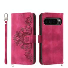 Custodia a portafoglio in pelle con fiori in rilievo per Google Pixel 9 Pro (vino rosso)