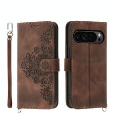 Custodia a portafoglio in pelle con fiori in rilievo per Google Pixel 9 Pro (marrone)
