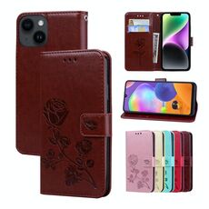 Per iPhone 15 Custodia per cellulare in pelle PU con stampa rosa in rilievo (marrone)
