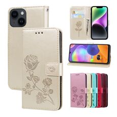 Custodia per telefono in pelle PU con vibrazione rosa goffrata per iPhone 15 Plus (oro)