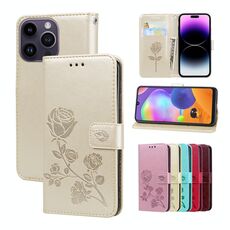Custodia per telefono in pelle PU con vibrazione rosa goffrata per iPhone 15 Pro Max (oro)