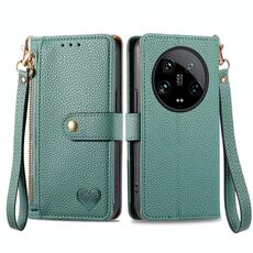 Per Xiaomi 14 Custodia per telefono in pelle con cordino e cerniera Ultra Love (verde)