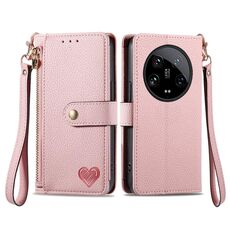 Per Xiaomi 14 Ultra Love Custodia in pelle con cordino con cerniera (rosa)