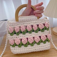 Borsa per maglieria a mano con tulipani fatti in casa, linea di strisce di stoffa, kit di materiali fai-da-te con tracolla di perle (beige x verde frutta x rosa chiaro)