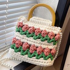 Borsa per maglieria a mano con tulipani fatti in casa, linea di strisce di stoffa, kit di materiali fai-da-te con tracolla di perle (beige x verde erba x pasta di fagioli rosa)