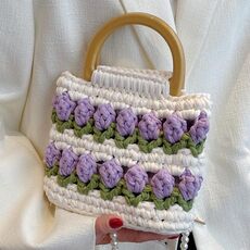 Borsa per maglieria a mano con tulipani fatti in casa, linea di strisce di stoffa, kit di materiali fai da te con tracolla di perle (beige x verde frutta x viola)