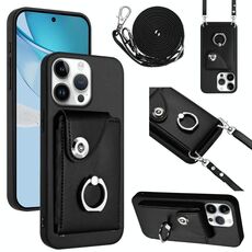 Per iPhone 16 Pro Max Custodia per telefono con anello porta carte organo con cordino lungo (nero)