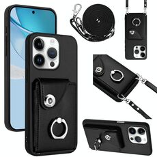 Per iPhone 16 Pro Organ Card Bag Ring Holder Custodia per telefono con cordino lungo (nero)