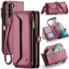 Per Samsung Galaxy S22+ 5G CaseMe C36 Slot per schede Portafoglio con cerniera Custodia per telefono in pelle antifurto RFID (Vino Rosso)