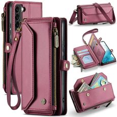 Per Samsung Galaxy S22 5G CaseMe C36 Slot per schede Portafoglio con cerniera Custodia per telefono in pelle antifurto RFID (Vino Rosso)