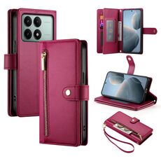 Per Redmi K70E / Xiaomi Poco X6 Pro Portafoglio con nove slot per schede e cerniera Custodia in pelle per telefono (rosso)