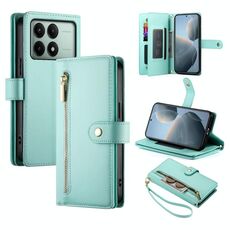 Per Redmi K70E / Xiaomi Poco X6 Pro Custodia in pelle con cerniera e nove slot per schede (verde menta)