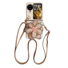 Per OPPO Find N3 Flip Custodia per telefono con motivo intrecciato colorato 3D in filato a forma di fiore con cordino (arancione)