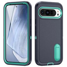 Per Google Pixel 9 Custodia per telefono in silicone + PC robusto con supporto (blu scuro + verde chiaro)