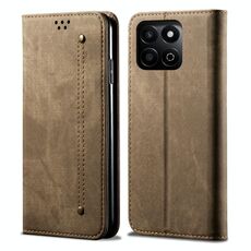 Custodia per telefono in pelle Flip con texture denim globale per Honor Play 60 Plus (cachi)