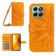 Custodia per telefono in pelle con motivo a fiore di sole per Honor 200 Smart Global Skin Feel con cordino (giallo)