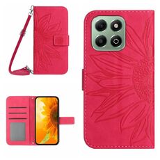 Custodia per telefono in pelle con motivo a fiore di sole per Honor 200 Smart Global Skin Feel con cordino (rosso rosa)