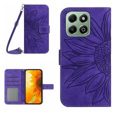 Custodia per telefono in pelle con motivo a fiore di sole per Honor 200 Smart Global Skin Feel con cordino (viola scuro)