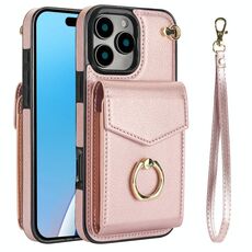 Per iPhone 16 Pro Custodia per telefono con supporto ad anello RFID e slot per schede (oro rosa)