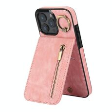 Per iPhone 16 Pro Max Retro Ring e Custodia per telefono con cerniera RFID Card Slot (Rosa)