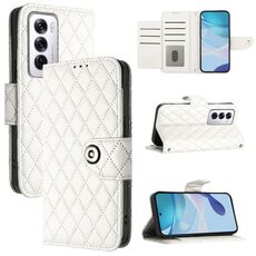 Per OPPO Reno12 5G Global Rhombic Texture Flip Custodia in Pelle per Telefono con Lanyard (Bianco)