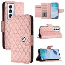 Per OPPO Reno12 5G Global Rhombic Texture Flip Custodia in Pelle per Telefono con Lanyard (Rosa Corallo)