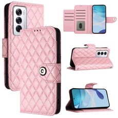 Per OPPO Reno12 5G Global Rhombic Texture Flip Custodia in pelle per telefono con cordino (rosa)