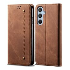 Per Samsung Galaxy S25+ 5G Custodia in pelle con flip orizzontale stile casual con texture denim (marrone)