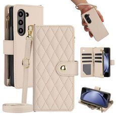 Per Samsung Galaxy Z Fold6 Rhombic Zipper Card Wallet Custodia in pelle per telefono con cordino (albicocca)