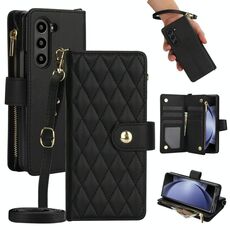 Per Samsung Galaxy Z Fold6 Custodia per telefono in pelle con cerniera rombica e cordino (nero)