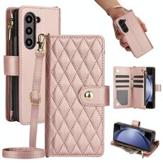 Per Samsung Galaxy Z Fold6 Custodia per telefono in pelle con cerniera rombica e cordino (oro rosa)