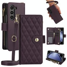 Per Samsung Galaxy Z Fold6 Custodia per telefono in pelle con cerniera rombica con cordino (viola scuro)