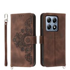 Per Xiaomi 14T Pro Custodia in pelle con portafoglio in rilievo con motivo a fiori (marrone)