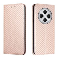 Per Redmi 14C 4G Custodia per telefono in pelle con flip magnetico in fibra di carbonio (oro rosa)