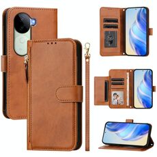 Per vivo V40e 5G India / iQOO Z9s 5G Multi-Card Slots Zipper Wallet Custodia in pelle per telefono (marrone)