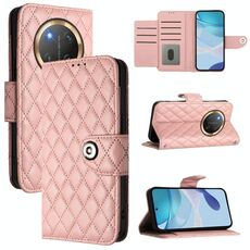 Per Honor X9c 5G Global Rhombic Texture Flip Custodia in Pelle per Telefono con Lanyard (Rosa Corallo)