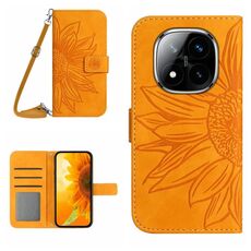 Per Redmi Note 14 Pro+ 5G Custodia in pelle con stampa a fiore di sole e cordino (giallo)