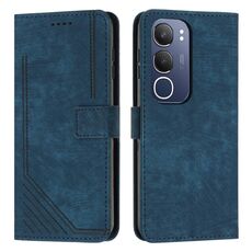 Per vivo Y19s Custodia in pelle con motivo a strisce Skin Feel con cordino (blu)