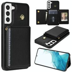 Per Samsung Galaxy S22+ 5G Custodia per telefono con tre scomparti per carte di credito e cordino lungo (nero)