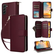 Per Samsung Galaxy S22+ 5G Custodia in pelle con cerniera e nove slot per carte (rosso vino)
