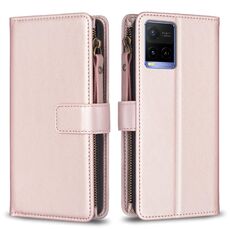 Per vivo Y21 / Y21s / Y33s 9 slot per schede Portafoglio con cerniera Custodia in pelle per cellulare (oro rosa)