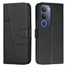 Per vivo Y19s Custodia per telefono in pelle con fibbia e cuciture in vitello (nero)