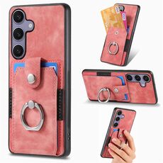 Per Samsung Galaxy S25+ 5G Custodia per telefono con portafoglio e anello in pelle retrò (rosa)