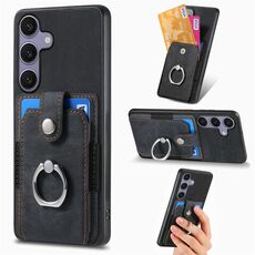 Per Samsung Galaxy S25+ 5G Custodia per telefono con portafoglio e anello in pelle retrò (nero)