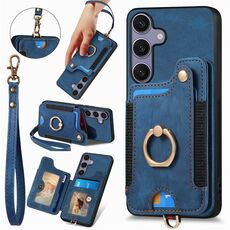 Per Samsung Galaxy S25+ 5G Custodia per telefono con portafoglio multi-carta con effetto pelle retrò (blu)