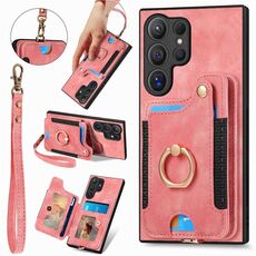 Per Samsung Galaxy S25 Ultra 5G Retro Skin-feel Ring Multi-card Wallet Phone Case (Rosa)