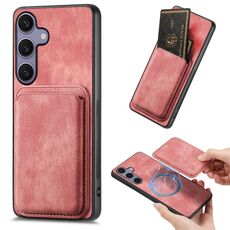 Per Samsung Galaxy S25+ 5G Retro Custodia in pelle con carta magnetica per telefono (rosa)