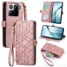 Per Xiaomi 15 Custodia per telefono in pelle con fibbia laterale con cerniera geometrica (rosa)