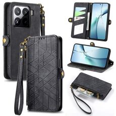 Per Xiaomi 15 Pro Custodia per telefono in pelle con fibbia laterale con cerniera geometrica (nero)
