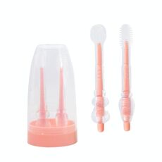 Spazzolino da denti per bambini in silicone alimentare + spazzolino per la lingua, spazzolino per la pulizia orale dei bambini, colore: rosa